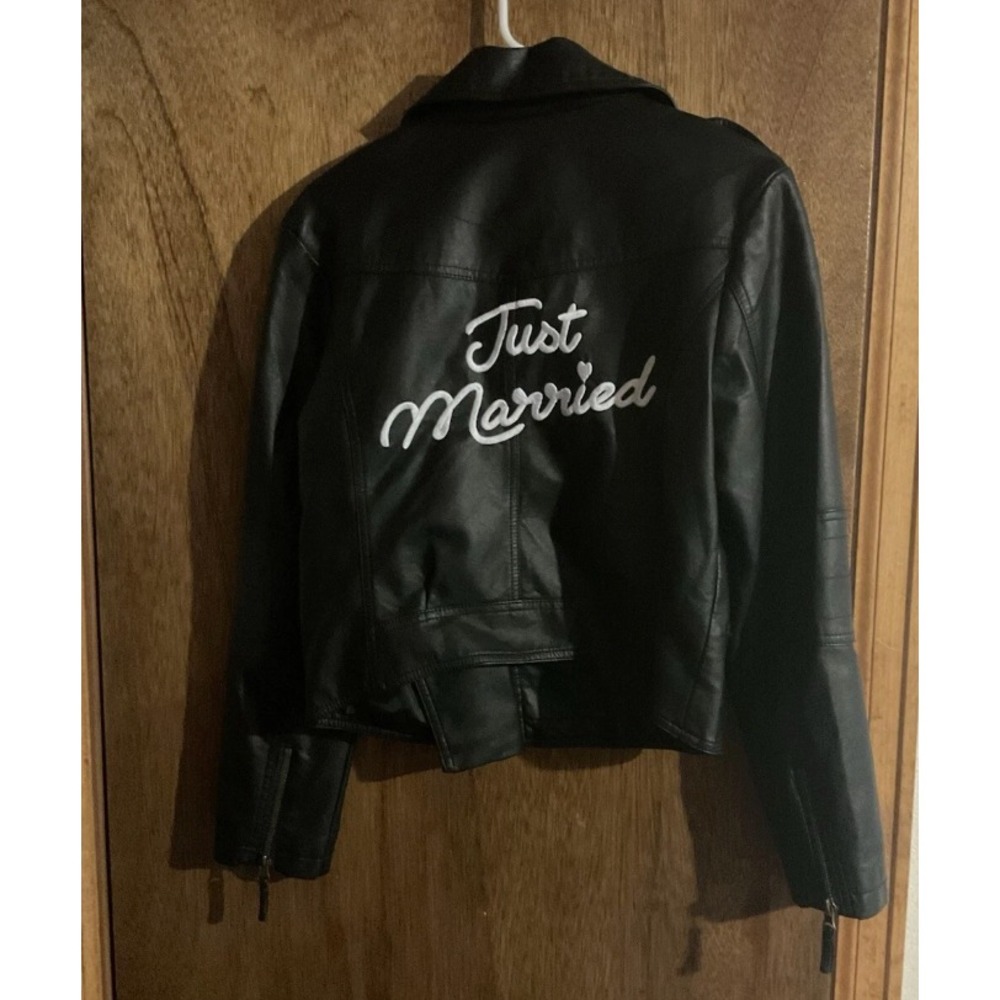 David's Bridal "Just Married" Vegan Leather Moto Jacket Women's M Black